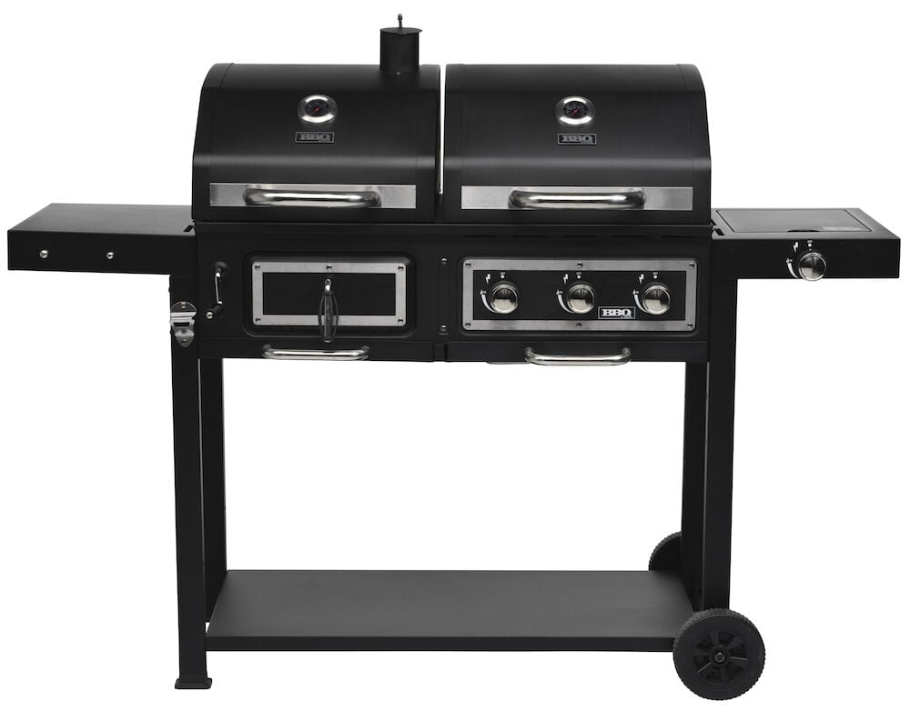 Svart kombinerad gasol- och kolgrill med två lock.