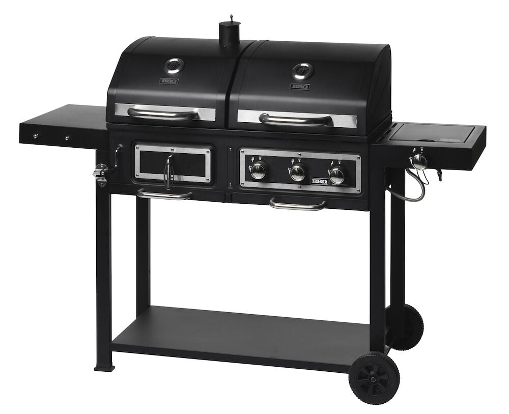 Svart kombigrill med två lock och sidobord.