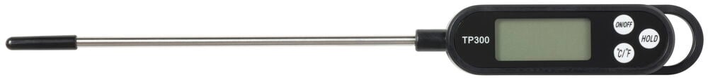 Musta digitaalinen grillilämpömittari ruostumattomalla teräksisellä varrella ja näytöllä.