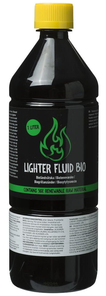 Schwarze Plastikflasche mit gelbem Verschluss und grünem Etikett.