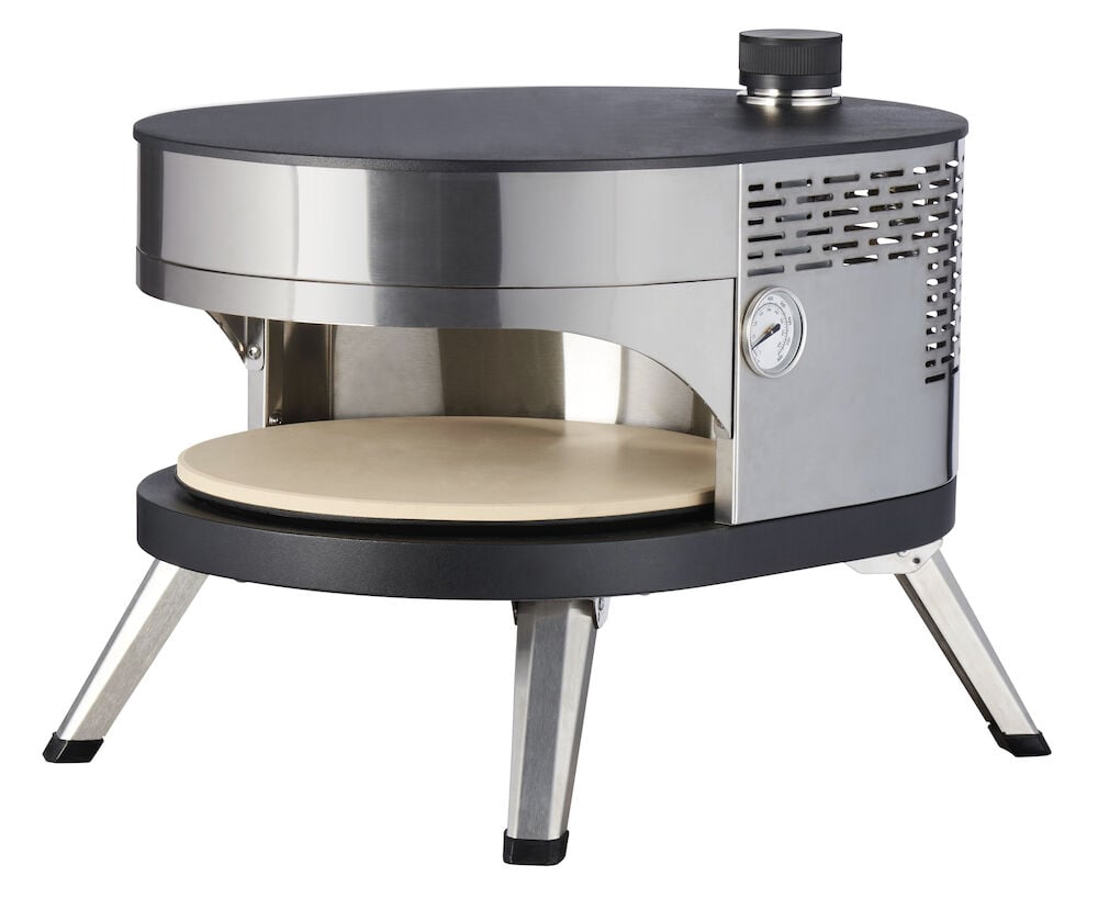 Nestekaasukäyttöinen pizzauuni 38x49x35 cm ruostumattomalla teräsrungolla, mustalla kannella ja pizzakivellä taitettavilla jaloilla.