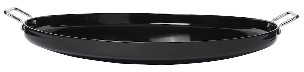 Schwarze Bratpfanne mit zwei Metallgriffen.