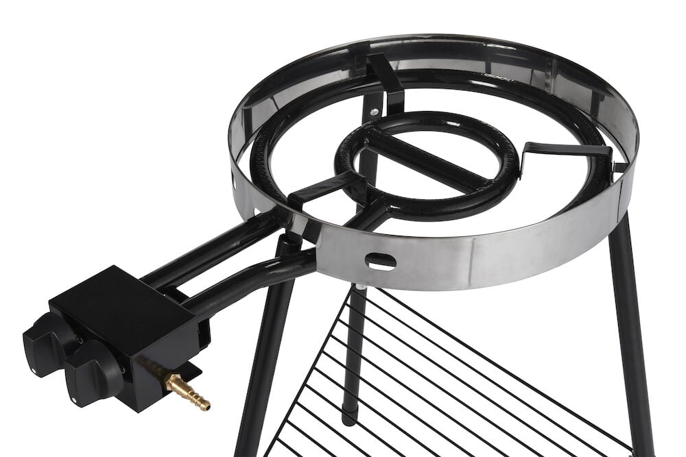 Gasbrenner mit zwei Ringen und stabilem Ständer.