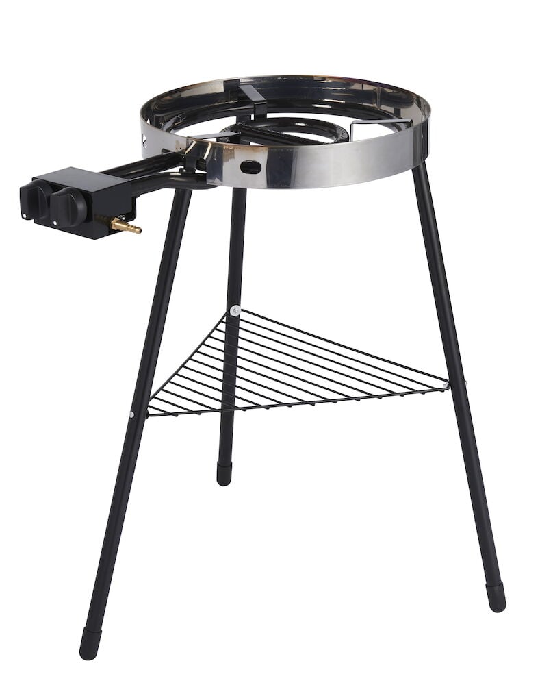 Gaskocher mit Windschutz und drei Beinen.