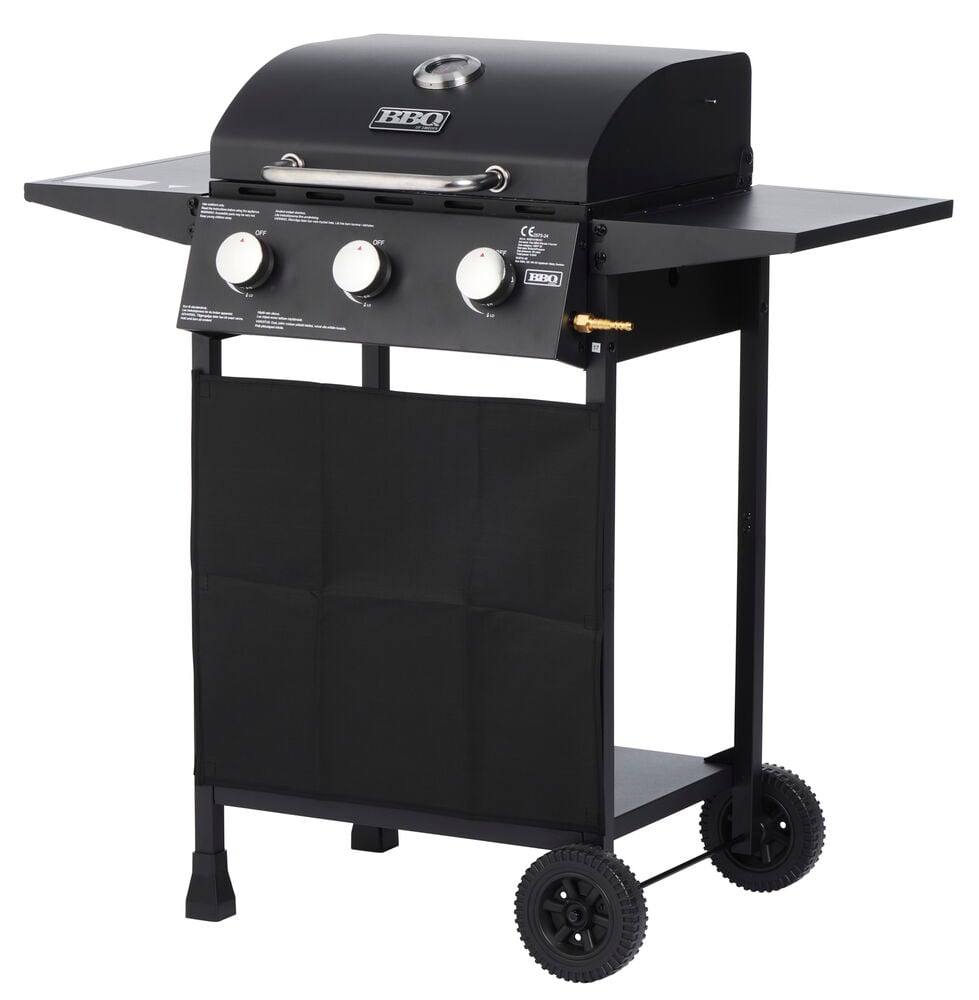 Svart gasolgrill med tre brännare på hjul.