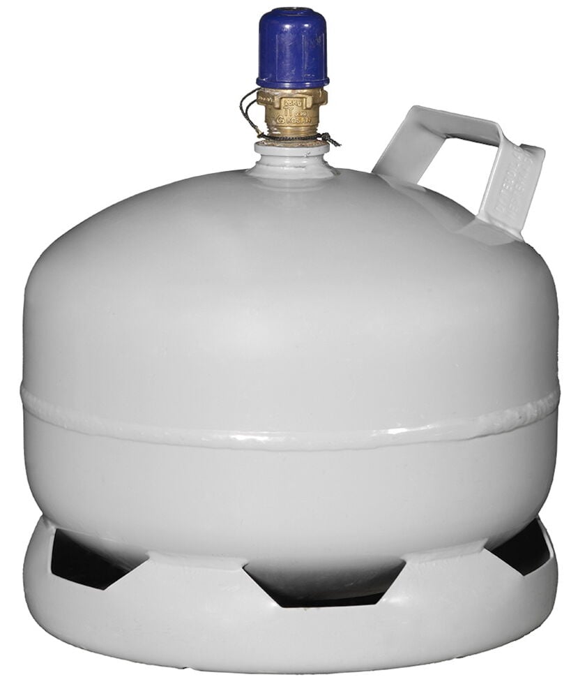 Valkoinen teräksinen nestekaasupullo sinisellä venttiilillä.