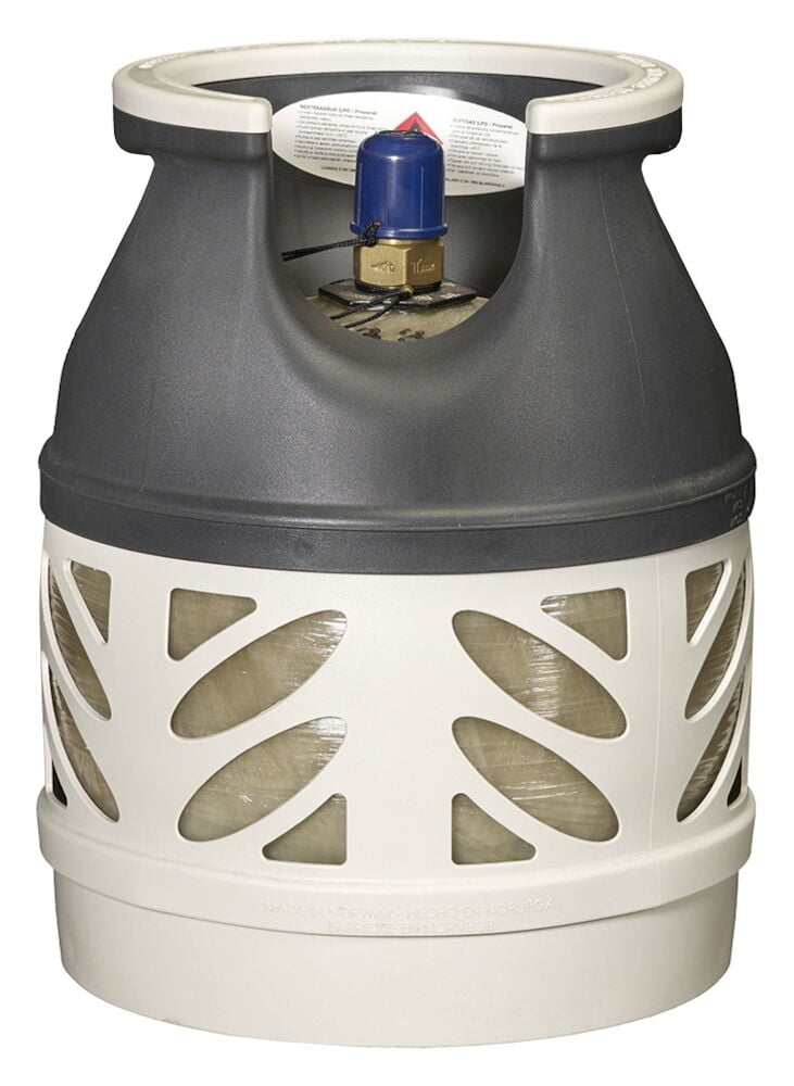 Valkoinen ja harmaa komposiittikaasupullo venttiilillä.