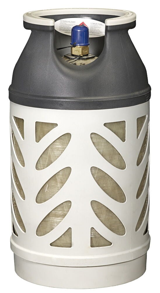 Komposiittimateriaalista valmistettu kaasupullo suojakannella.