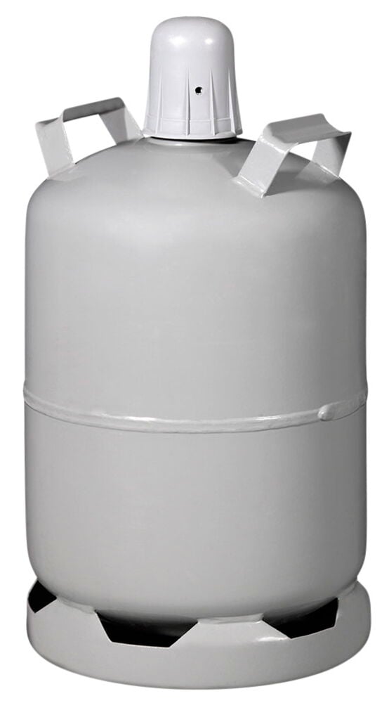 Harmaa teräksinen nestekaasupullo, jossa on kahva.