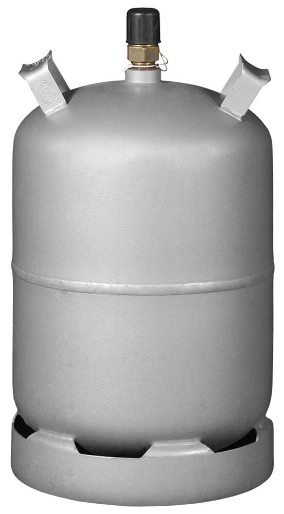 Teräksinen kaasupullo, jossa on venttiili ja kantokahva.