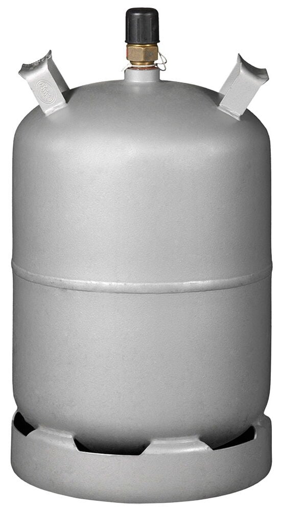 Pystysuora teräksinen kaasupullo mustalla venttiilinsuojuksella.