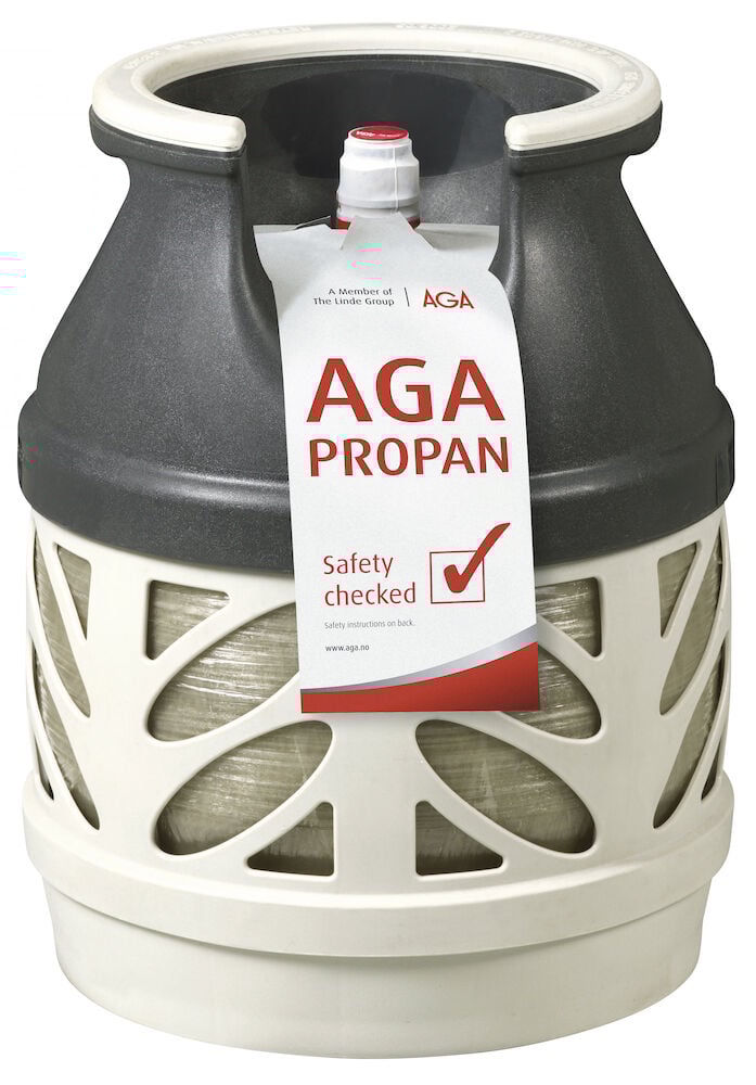 Hvit og grå kompositt propanflaske med etikett.