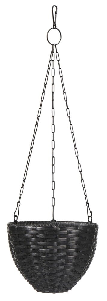 Svart hängande kruka i flätad plast med kedjor.