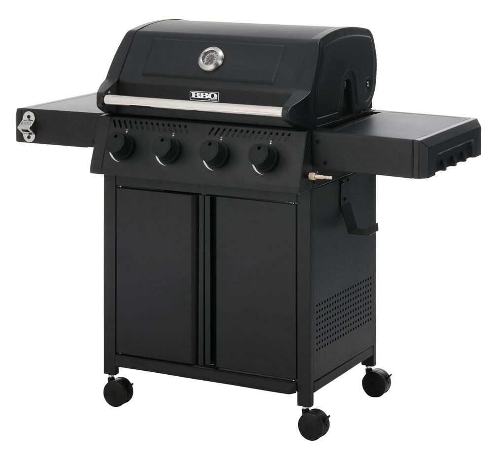 Schwarzer Propangasgrill Titan mit vier Bedienknöpfen, Seitenablagen, Flaschenöffner und vier Rollen.