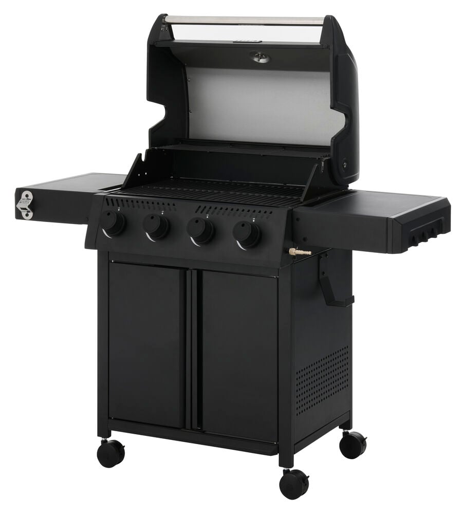 Schwarzer Propangasgrill Titan mit vier Brennern, offenem Deckel, Seitenablagen und Unterschrank auf Rollen.