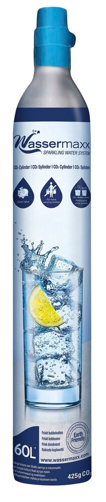 Silverfärgad Refill kolsyrepatron med blå topp och etikett som visar kolsyrat vatten med citron.