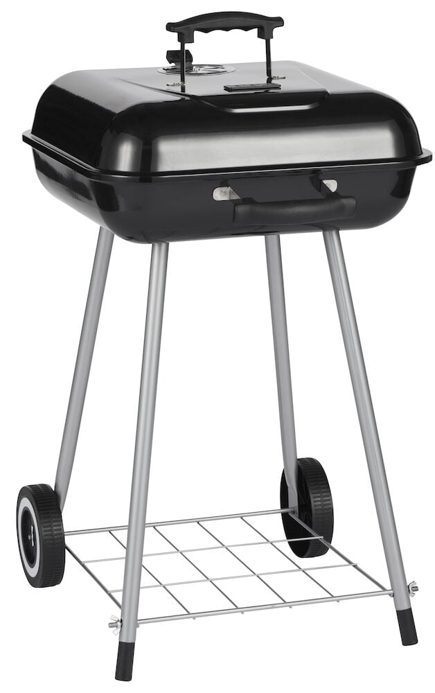 Svart kompakt kolgrill med hjul för utomhusbruk.
