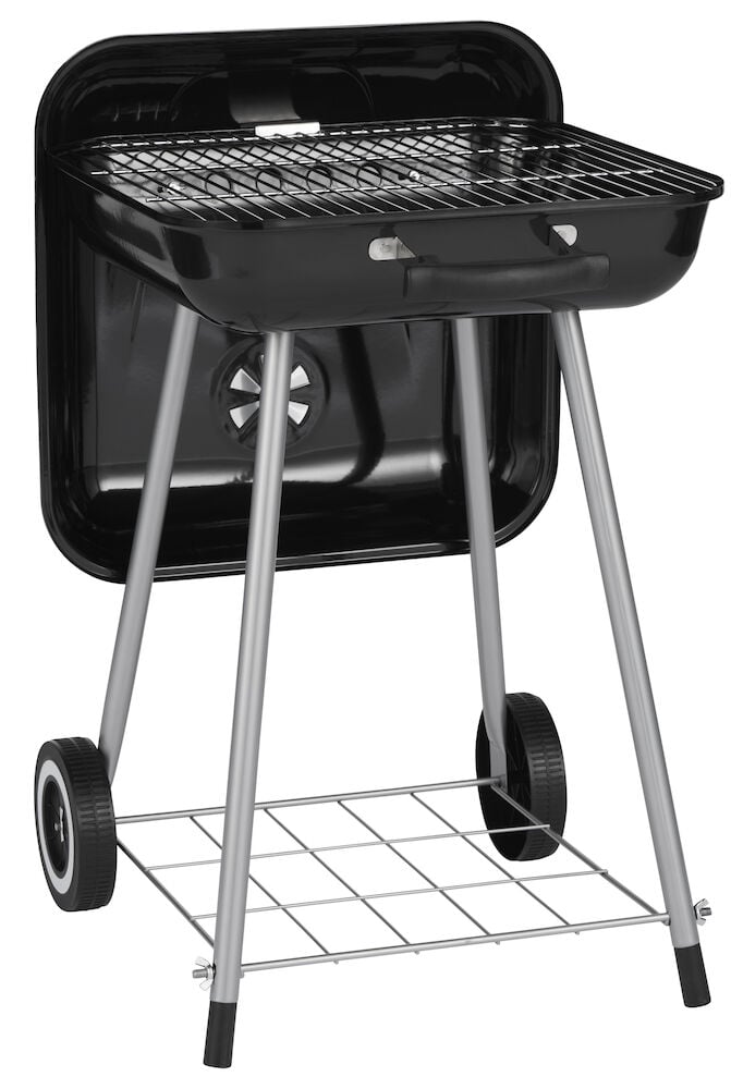 Svart kolgrill med lock, hjul och silverfärgade ben.