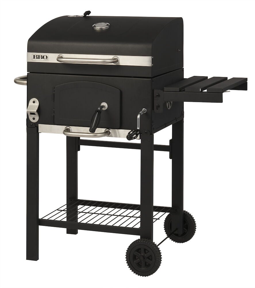 Svart kullgrill med hjul og innebygd termometer.