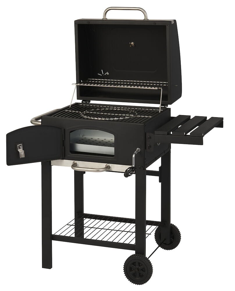 Svart kullgrill med åpent lokk og sammenleggbart sidebord.