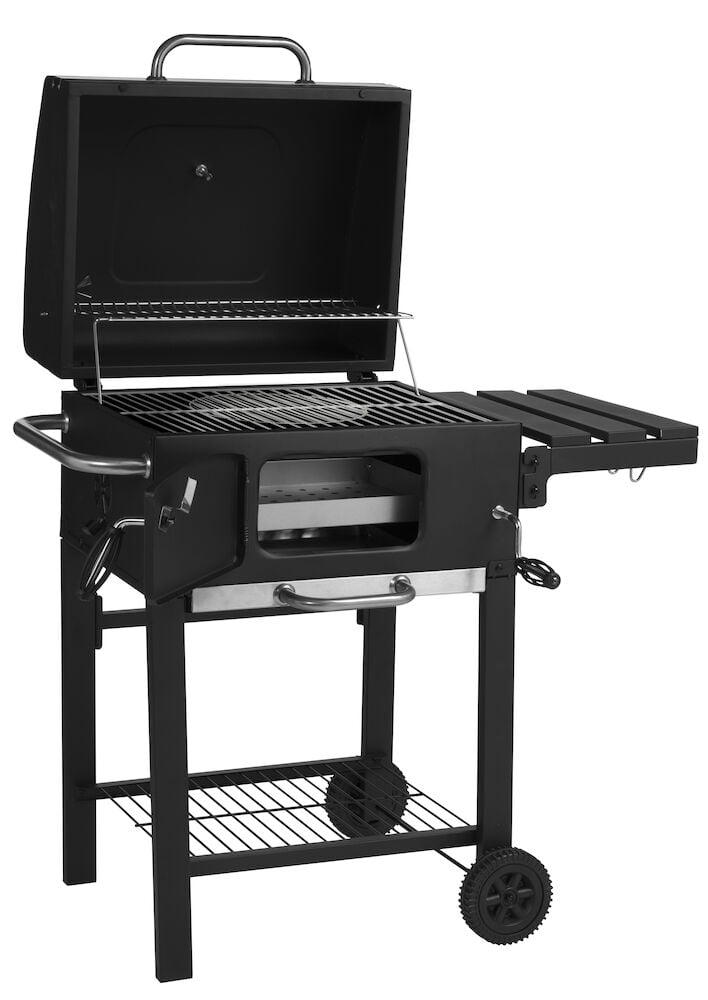 Svart kullgrill med lokk, sidebord og termometer.