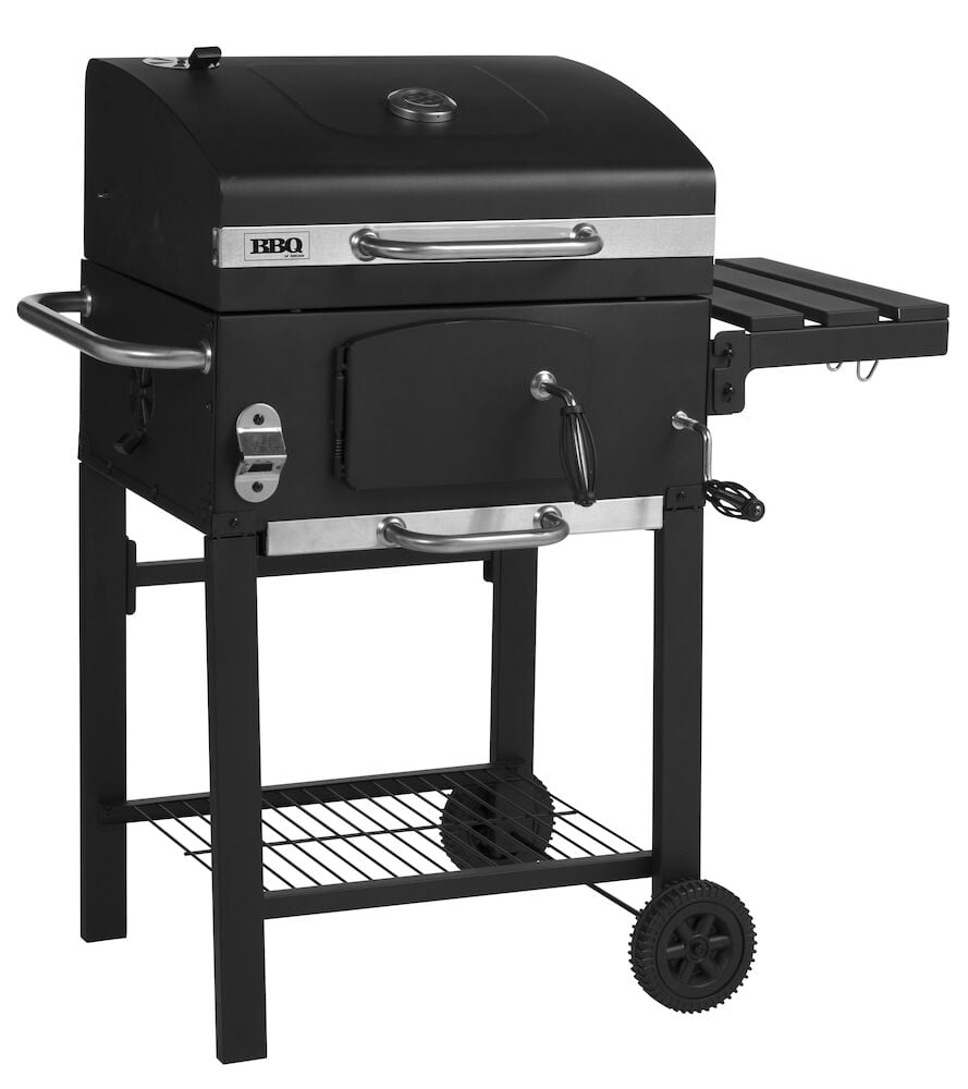 Svart kullgrill med termometer og sammenleggbart sidebord.