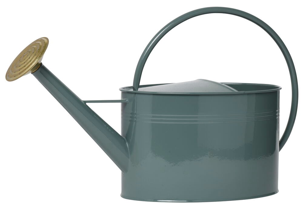 Gröngrå vattenkanna i metall med guldfärgat munstycke.