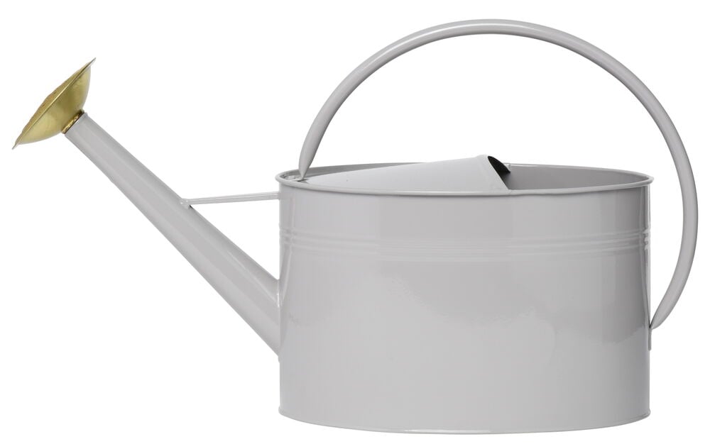 Grå metallvattenkanna med böjt handtag och gul pip.