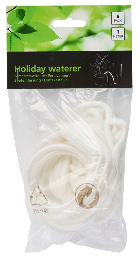 Fünf weiße Baumwollkerzen in Kunststoffverpackung mit Etikett.