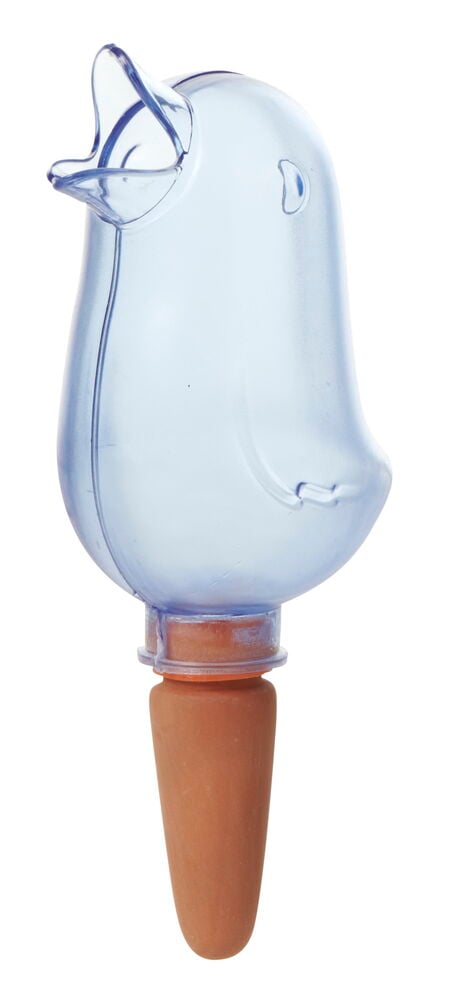 Transparente vogelförmige Selbstbewässerungsfigur mit Tonstopfen.
