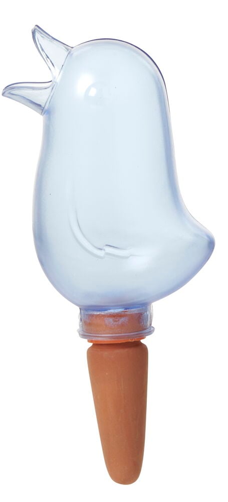 Transparente Vogelfigur mit einer Unterseite aus Ton.