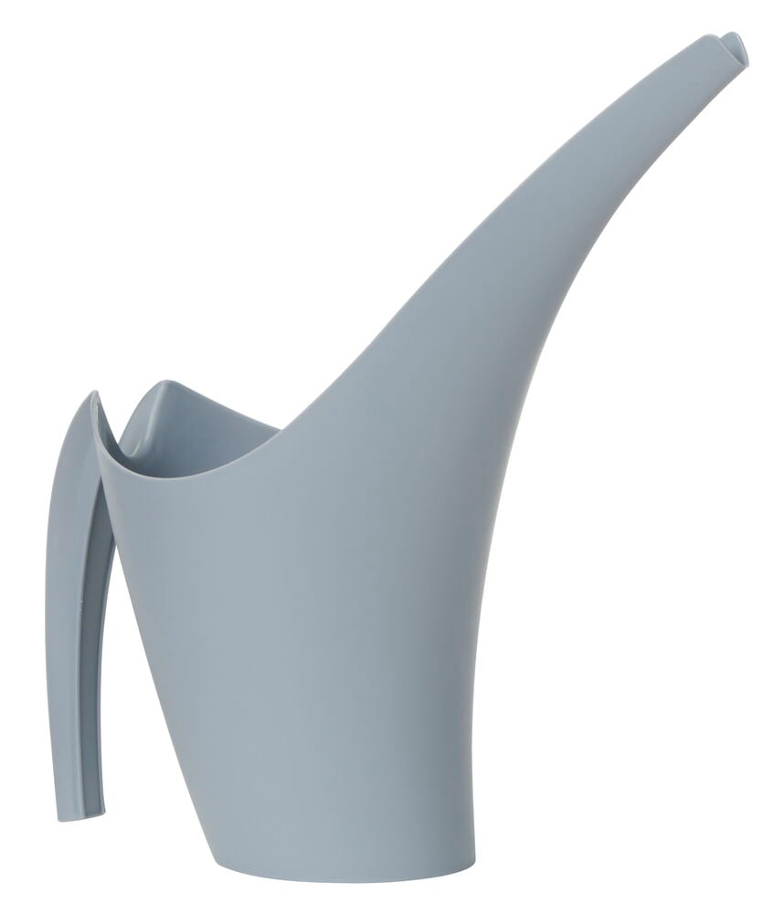 Graue Kunststoff-Gießkanne mit langem, schmalem Griff.