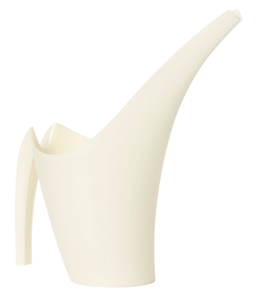 Weiße Plastikgießkanne mit ergonomischem Griff und Tülle.