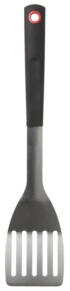 Grillspachtel aus Edelstahl mit schwarzem Griff.