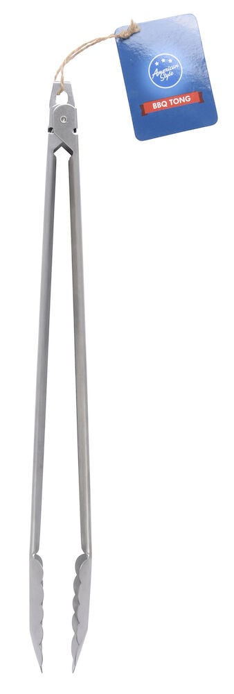 Grilltang i rustfritt stål med blå etikett.