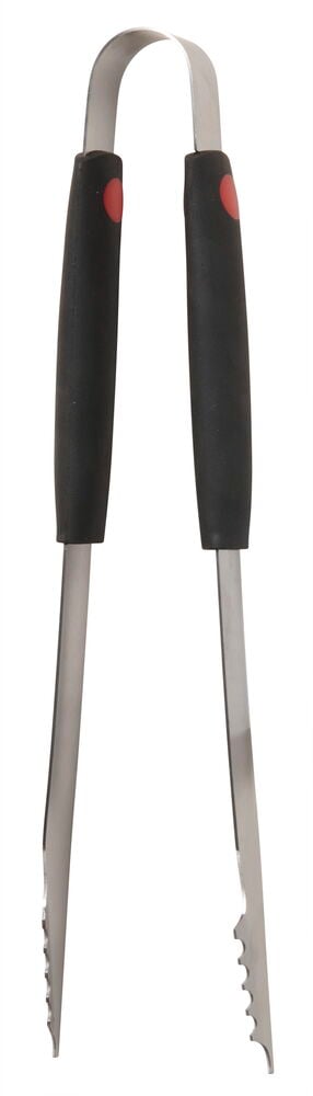 Grillzange aus rostfreiem Stahl mit schwarzem Griff.
