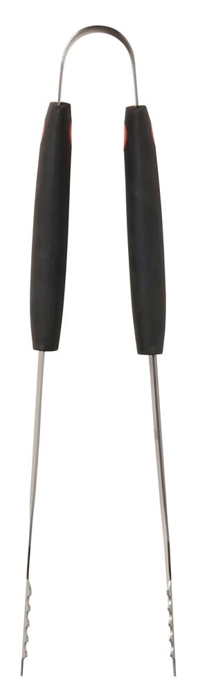 Grillzange aus Edelstahl mit schwarzem Griff.