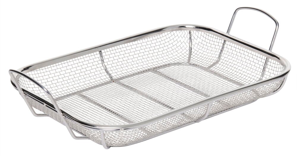 En rektangulär grillkorg i rostfritt stål.