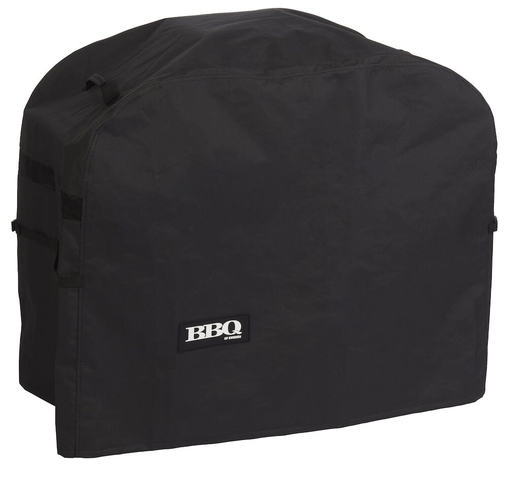 Musta polyesterinen grillisuoja, jossa BBQ-logo.