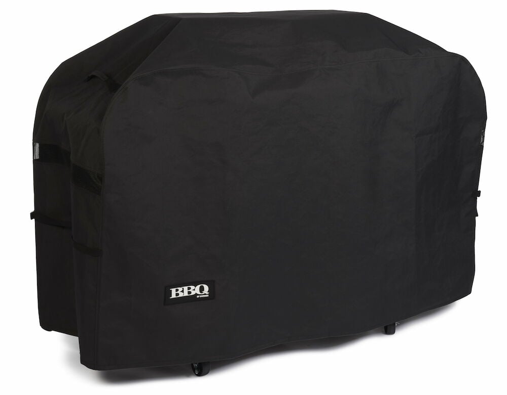 Harmaa suojapeite suurelle pyörillä varustetulle kaasugrillille.