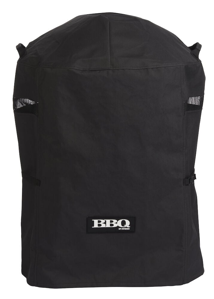 Musta grillisuoja, jossa on tuuletusaukot ja soljet.