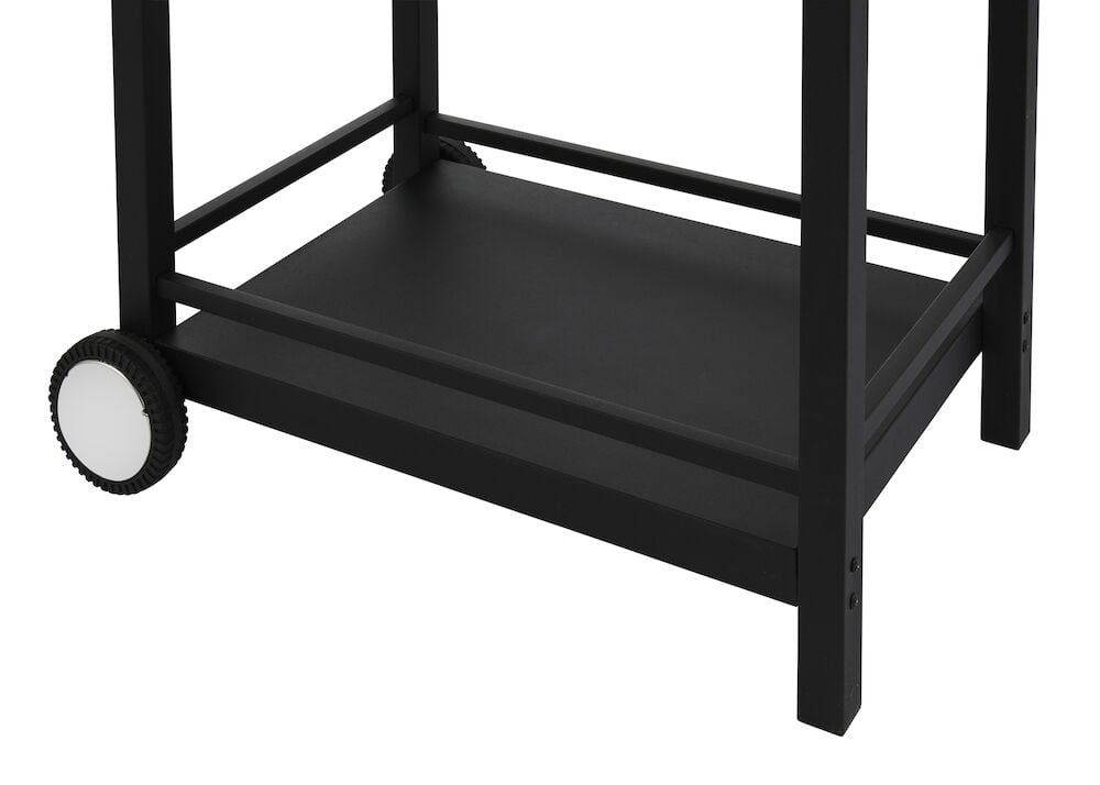 Svart metallhylla med hjul för grillvagn.