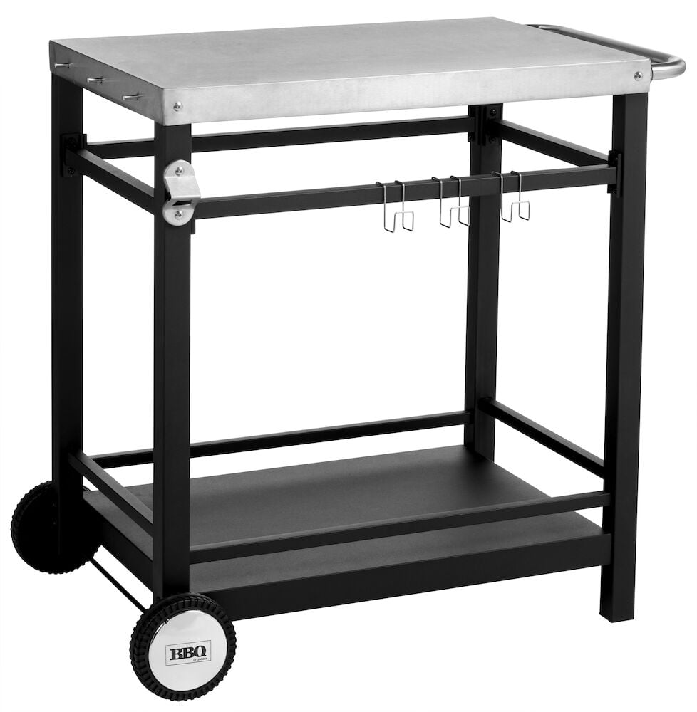 Svart grillvagn med rostfri stålyta och hjul.