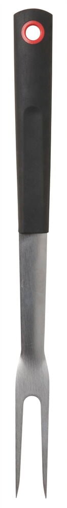 Grillihaarukka ruostumattomasta teräksestä mustalla kahvalla.