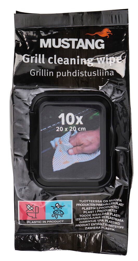 Musta Grillin puhdistusliinat 10-pack, ikkunalla, joka näyttää liinan käytössä ja kokotiedot.