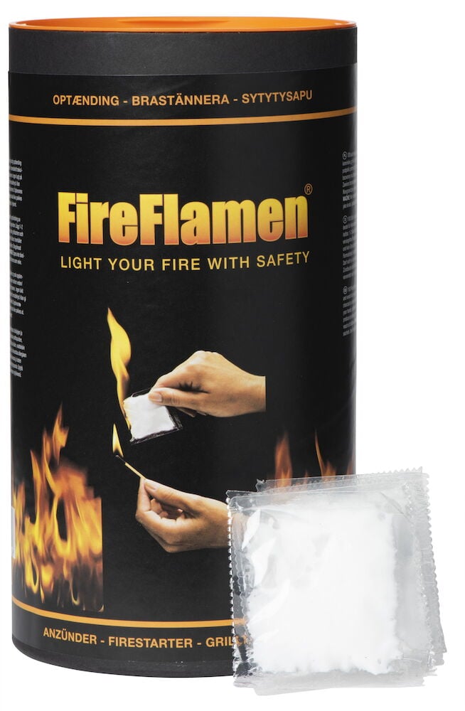 Schwarze Tubenverpackung mit Anzündpads und Feuerdesign.