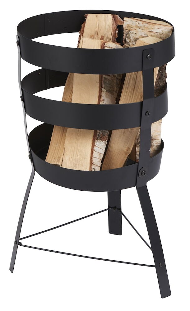 Svart eldkorg med vedträn för utomhusbruk.