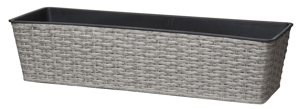 Pitkä harmaa kukkalaatikko polyrottinkia sisäruukulla.