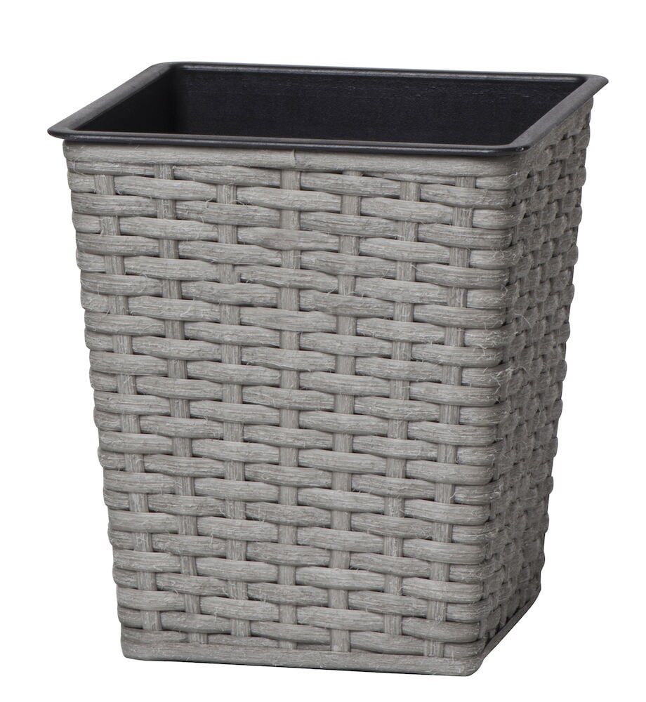 Nelikulmainen harmaa ruukku polyrottinkia, tyhjä ja avoin.