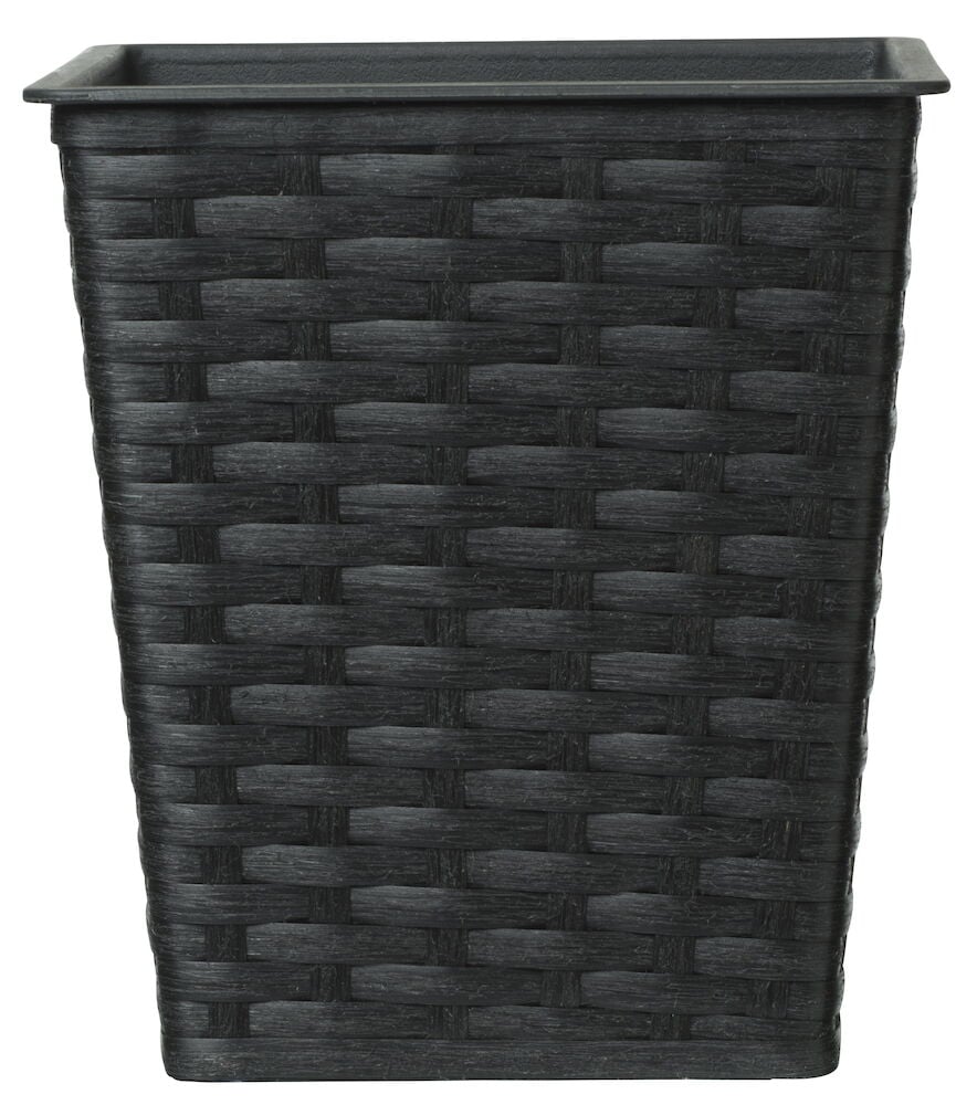 Schwarzer Topf aus gebürstetem Kunstgeflecht, quadratisches Design.